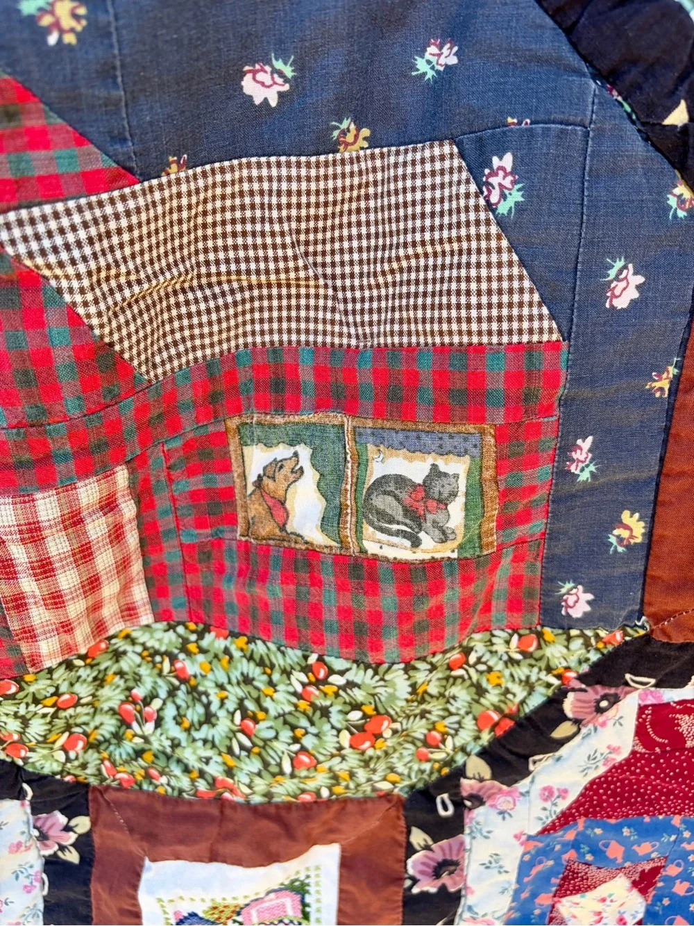Vintage Snowball Block House Quilt 80x80 Handmade Cutter Quilt with Cross Stitch